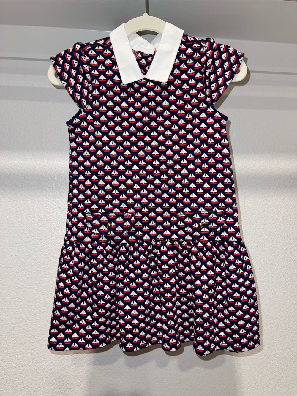 Janie and Jack Navy Sailboat Print Dress with White Collar NWOT